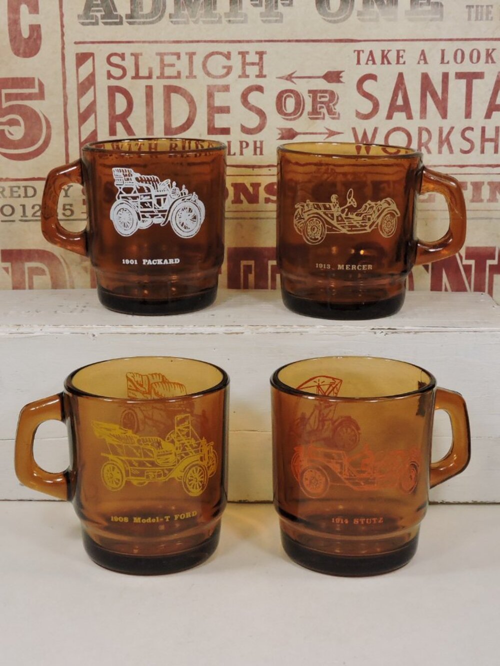 Set of 4  Amber Coffee Mugs - Automobile Theme - Anchor Hocking (Fire King)